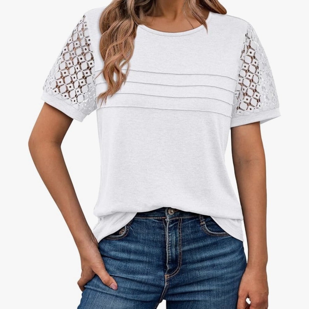 White Lace Sleeve Blouse | Short Sleeve Top |Feminine Casual Chic NWT Sz: M #154
